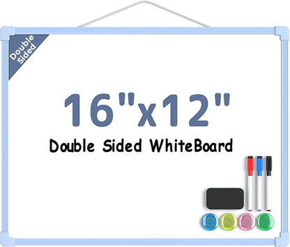 MaxGear Double-Sided Dry Erase Board for Wall, 16"x12" Hanging Whiteboard, Small Dry Erase White Board kit, Portable Whiteboard for Students - Planning, Drawing, Memo, to Do List, Blue Frame