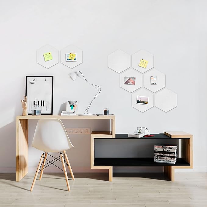 12" Large Bulletin Board with 30 Push Pins, Pack of 8 Hexagon Felt Pin Board Notice Boards for Home Office Kitchen, Felt Wall Tiles for Photos Memos