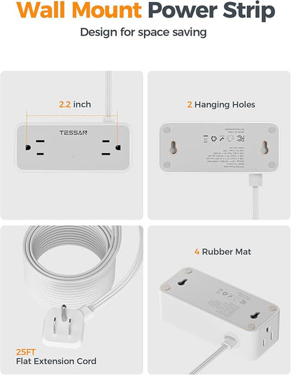 Flat Plug Extension Cord 25 ft, TESSAN Surge Protector Power Strip with 4 AC Outlets 1 USB C and 2 USB A Ports, 900 Joules Protection, Multiple Wall Outlet Extender for Home Office Dorm Essentials
