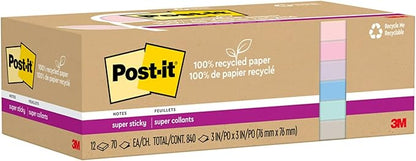 Post-it 100% Recycled Paper Super Sticky Notes, 3 in. x 3 in., 12 Pads, 70 Sheets per Pad, Wanderlust Pastels, School Supplies and Office Products