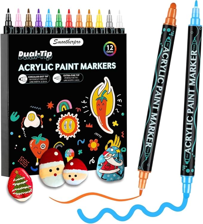 SMOOTHERPRO Acrylic Paint Markers, 12 Colors Dual Tip Acrylic Paint Pens for Wood, Rocks, Canvas, Pumpkins, Fabric Markers Set for Glass, Plastic, Ceramic, DIY, Easter, Gift(DAP12)