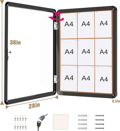 38"x28" Enclosed Bulletin Board, Lockable Weather-Resistant Aluminum Cork Noticeboard for School & Office, Black Frame w/Cork