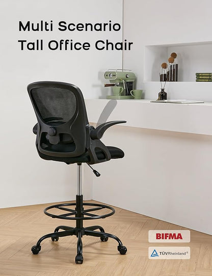 Drafting Chair Tall Office Chair with Flip-up Armrests Ergonomic Computer Standing Desk Chair with Comfy Lumbar Support and Adjustable Footrest Ring for Bar Height Desk(Black-Black)