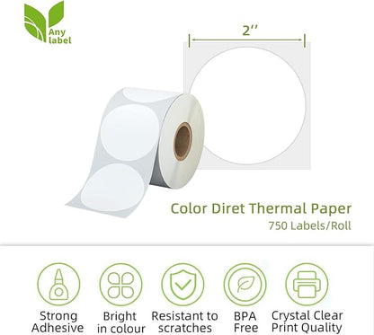 2" White Circle Direct Thermal Labels, Self-Adhesive Round Direct Thermal Stickers, Multi-Purpose Roll Sticker Labels for DIY Logo Brand Design, QR Code, Name Tag(1 Roll, 750 Labels)