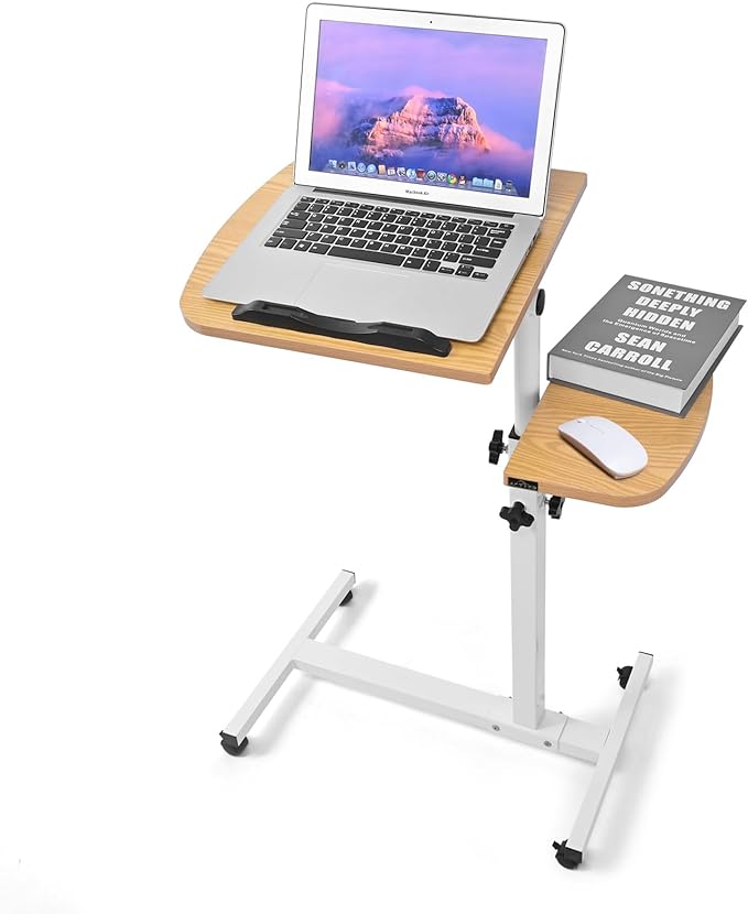 Multifunctional Height Adjustable Table with Wheels | Ultimate Single Workstation, Study Desk, Bedside Table, Recliner Tray Table, Presentation Cart and Laptop Stand | Tilting Tops (Pine White)