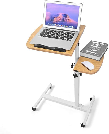 Multifunctional Height Adjustable Table with Wheels | Ultimate Single Workstation, Study Desk, Bedside Table, Recliner Tray Table, Presentation Cart and Laptop Stand | Tilting Tops (Pine White)