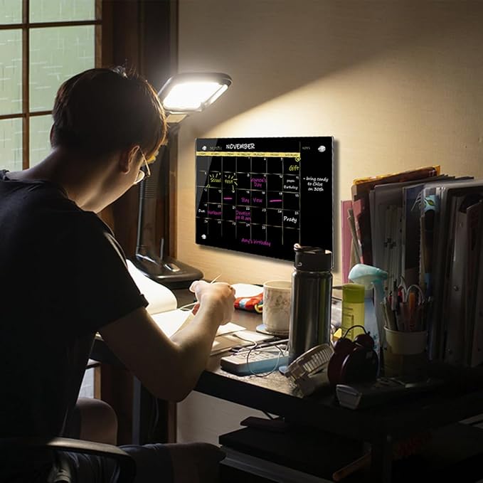 Okydoky Glass Dry Erase Whiteboard,Monthly Calendar Whiteboard,12" x 16",Frameless Glass White Board for Home,School,Office,Black Surface(GlassA-BK-3040)