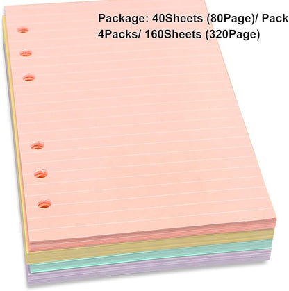 A6 Refills Paper, A6 Binder Planner Loose Leaf Paper, [4 Color] 160 Sheets (320 Pages) 6-Hole Notebook Refills for 6-Ring Refillable A6 Ring Binder Notebook Planner, Lined Paper