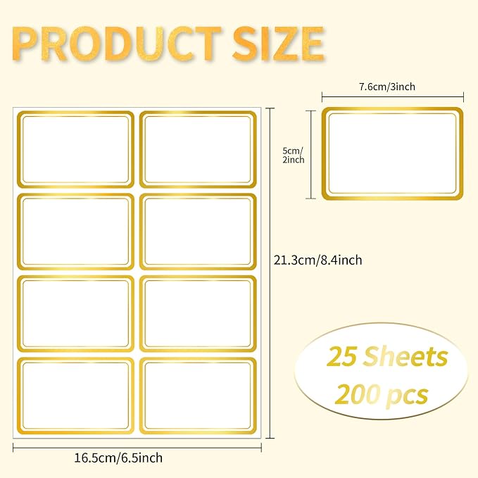 2" x 3" 200 PCS Name Labels, Waterproof Blank Name Tag Stickers with Permanent Adhesive Writable Stickers with Metallic Gold Border for School Office Home