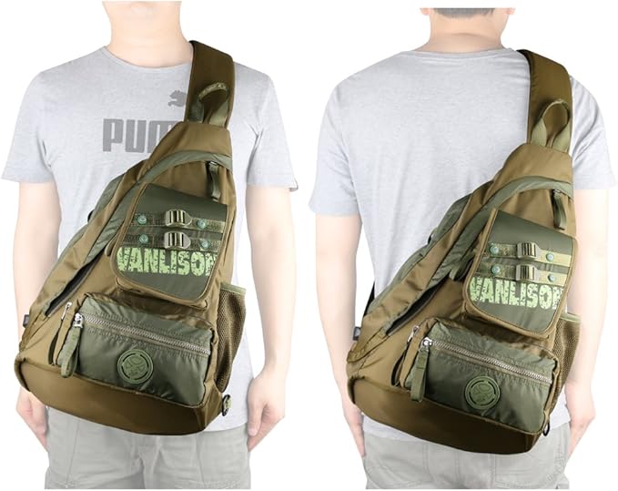 Larswon Sling Bag with USB Charging Port, Sling Backpack USB, Shoulder Backpack, Large Crossbody Bag, Chest Bag Large Army Green