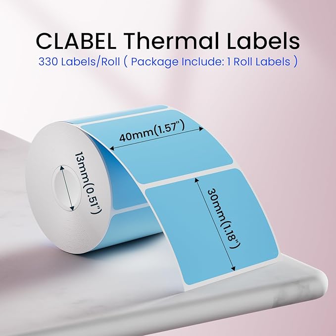 CLABEL Thermal Label 1.57'' x 1.18'' (40x30mm) Self-Adhesive Stickers for 220B/221B/230B Label Maker 330 Labels/Roll Black Text on Blue Paper in Stronger Waterproof Tear-Resistant for Business Home