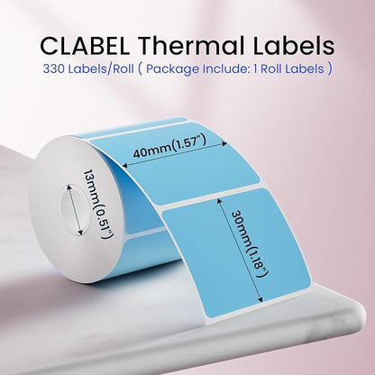 CLABEL Thermal Label 1.57'' x 1.18'' (40x30mm) Self-Adhesive Stickers for 220B/221B/230B Label Maker 330 Labels/Roll Black Text on Blue Paper in Stronger Waterproof Tear-Resistant for Business Home