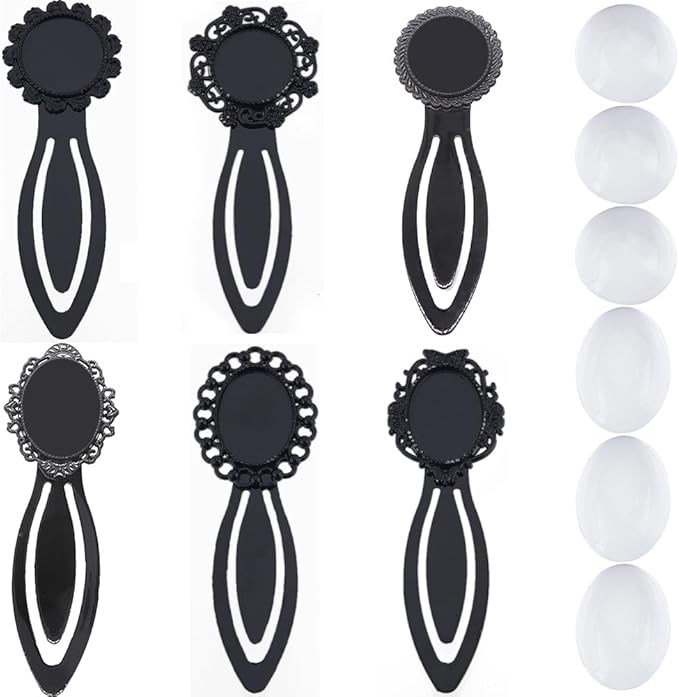 SUNNYCLUE 1 Box 12Pcs DIY 6 Sets Cabochon Bookmark Retro Style Black Metal Bookmarks Blanks Glass Dome Vintage Bookmark Bezel Tray Book Marks Clip Round Oval Clear Cabochons for Bookworm DIY Crafts
