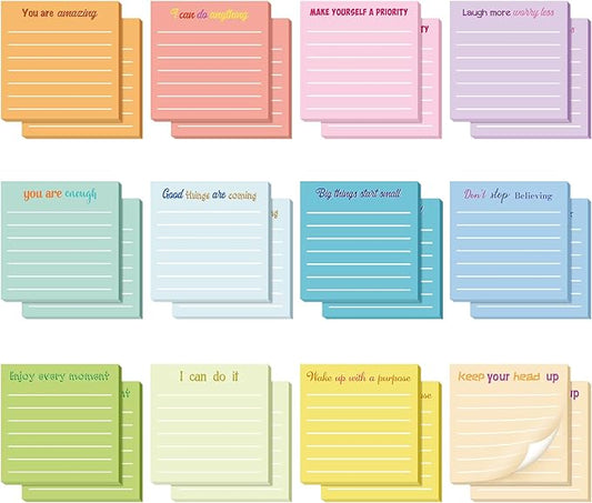 Yinder 24 Pcs Inspirational Sticky Notes with Lines Cute Motivational Sticky Notes Pad Employee Appreciation Gifts Bulk for Teacher Nurse Coworkers Office Supplies 3 x 3''(Light Color,Inspirational)