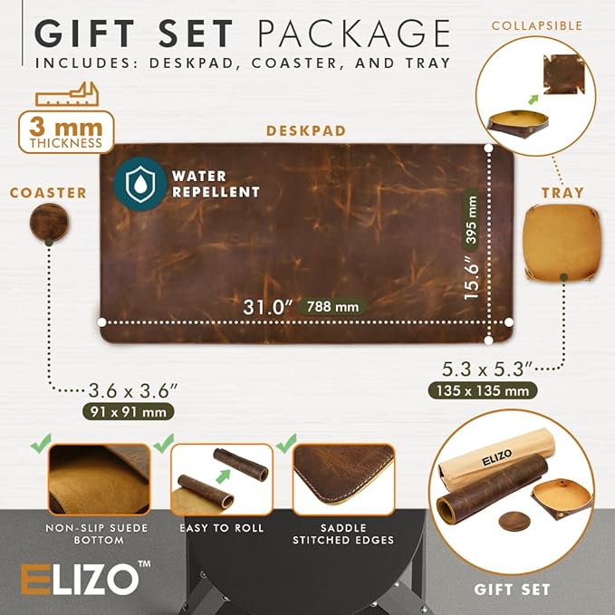 ELIZO Leather Desk Pad Real Leather Desk Mat Thick (3mm) Double Layer (31x15.6) Cover Blotter Desk Protector Large Computer Mat for Keyboard Mouse Pad Table Laptop Mat Office Desktop Accessories