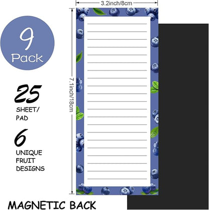 9 Pack Magnetic Notepads for Refrigerator, Magnetic Notepads for Refrigerator, Fruit Design Magnetic Grocery List Pad for Fridge, Full Magnet Back Shopping Lists, 25 Sheets Per Note Pads