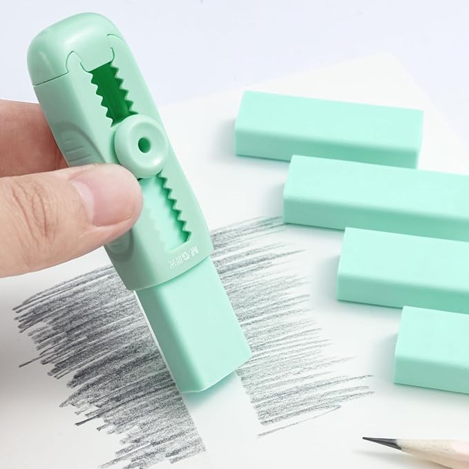 M&G 4+1 Pack Rubber Erasers Sliding Retractable Eraser, Soft Cute Erasers Push Pull Large Pencil Eraser with Plastic Sleeve 4 Refill Eraser for Students Kids, School Office Home Supplies (Green)