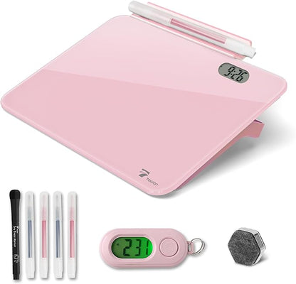 Small Glass Desk Whiteboard Dry-Erase Board with Clock, Small Travel Reminder Clock Keychain with Desk Notepad, Time Table Whiteboard for Desk Digital LED Light Display, 8x6 in with Accessories, Pink