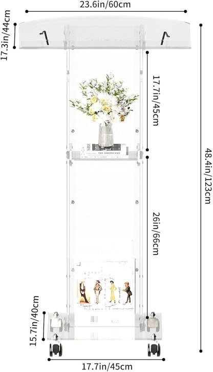 Acrylic Podium Stand，49“ Tall Portable Podium with Lockable Wheels, Clear lecterns & Podium with Storage Shelf for Classroom, Pulpit Podium for Church,Wedding,Presentation