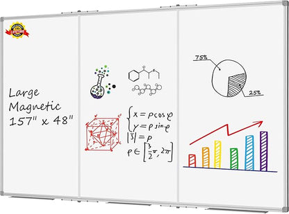Lockways Large Magnetic 157" x 48" Dry Erase Board, Foldable Wall Mounted Whiteboard| White Board with Pen Tray for Business,Team,Home Office,Home Education and School Classroom