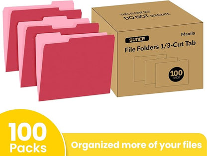 SUNEE File Folders Letter Size Red, 100 Pack Manilla Folders 8.5 x 11 1/3-Cut Tabs, Colored File Folders Office Home School for Documents Files Paper