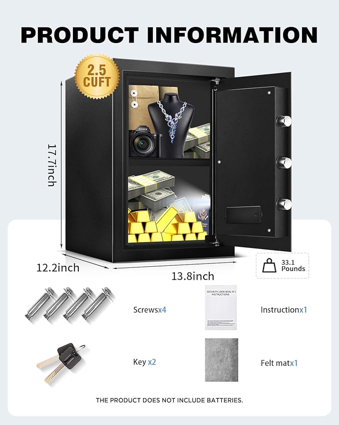 2.5 Cu Home Safe Box, Durable Digital Safe with Movable Partition, Smart Alarm, Silent Keypad Mode, and Motion Sensor Lights for Home, Office, Dorm, and Hotel Use