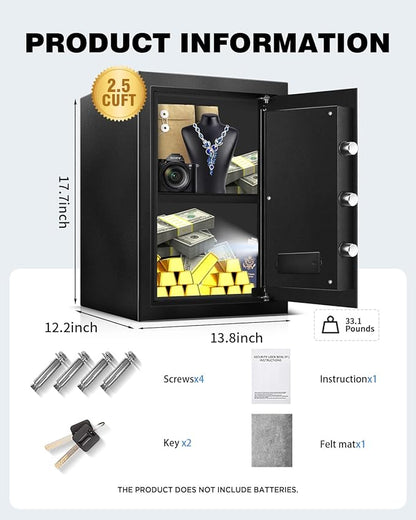 2.5 Cu Home Safe Box, Durable Digital Safe with Movable Partition, Smart Alarm, Silent Keypad Mode, and Motion Sensor Lights for Home, Office, Dorm, and Hotel Use