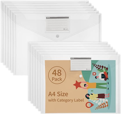 48pcs Plastic Envelopes A4,Letter Size Poly Envelopes with Snap Button,Waterproof Document File Folders with Label Pocket,Document Folders for Office Supplies,School,Home Organization(Transparent)