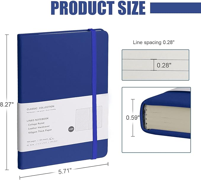 Lined Journal Notebook, (Blue), 160 Pages, Medium 5.7 inches x 8 inches - 100 gsm Thick Paper, Hardcover