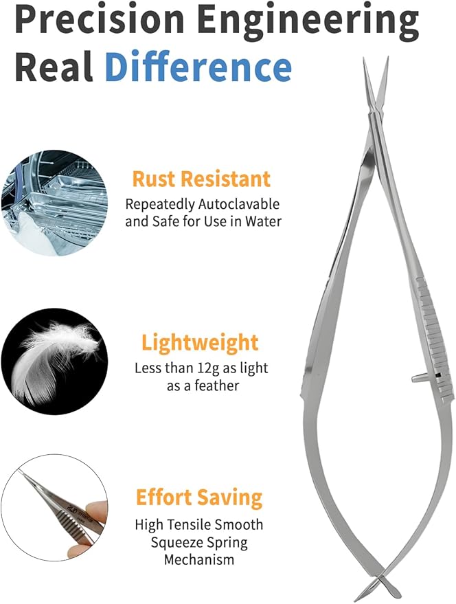 VANNAS Micro Scissors, 3.2" Straight Tapered Tip, Extra Sharp Spring Action Squeeze Scissors for Stitch Cutting, Embroidery, ENT, Eye, Skin, Dental, and Veterinary Surgery (8cm) - S11001-08