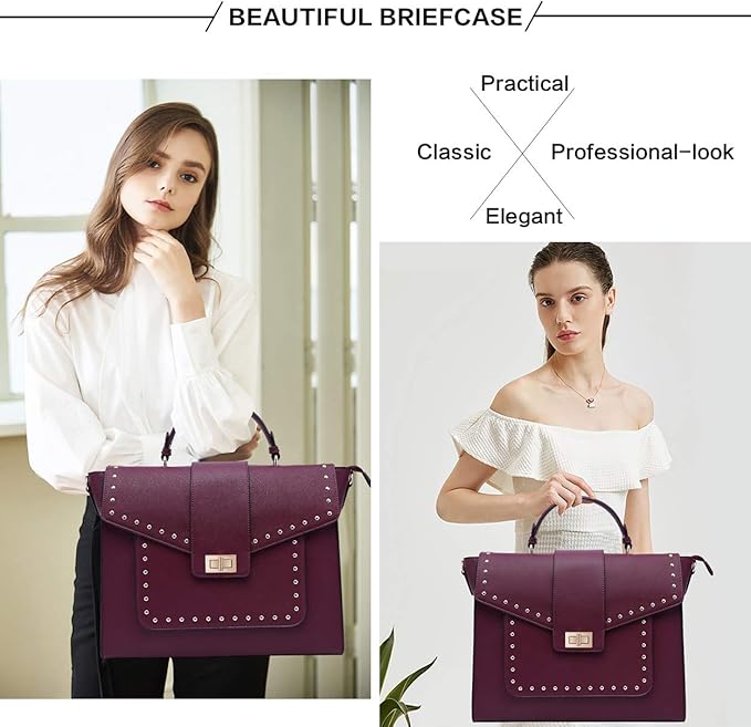 EaseGave Laptop Bag for Women, 15.6 Inch Burgundy Briefcase with Detachable Strap, Roomy Laptop Tote with Size Guide, Professional Messenger Bag