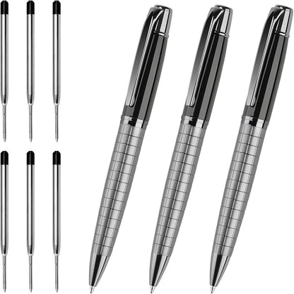 Cambond Metal Pens - Bulk Black Pens with 6 Refills (Silver with Black), 1.0 mm Medium Point for Journaling, Gifting, Business, Men, Police, Flight Attendants
