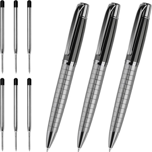 Cambond Metal Pens - Bulk Black Pens with 6 Refills (Silver with Black), 1.0 mm Medium Point for Journaling, Gifting, Business, Men, Police, Flight Attendants