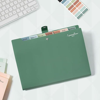 Sooez Elegant Accordion File Organizer with Labels, 8 Pocket Expanding File Folder, Portable Folders for Documents, Cute Paper Organizer for School Office Supplies, Letter Size, Light Green