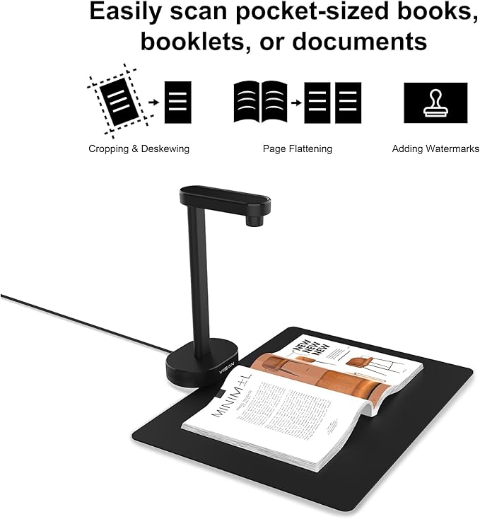 VIISAN 16MP Portable Document Scanner Camera, A4 Capture, USB Document Camera with Deskewing, Multi-Page Scanning, Pocket Book Scanning, OCR & TTS, Compatible with Windows & macOS