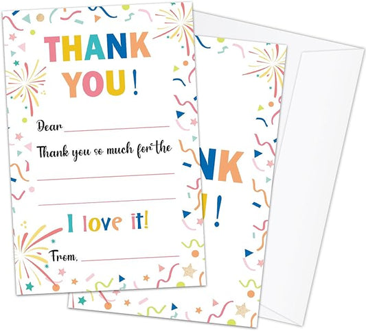Colorful Confetti Kids Thank You Cards Fill in the Blank with Envelopes, Thank You Notes Kids Thank You Cards 20 Card Set for Boys or Girls (4 * 6 inches) -03