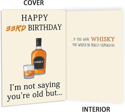 33rd Birthday Greeting Card, Funny Whiskey Themed, Double-Sided, Modern Style, 8x5.3 inches
