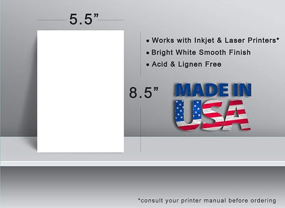 White 5.5x8.5 Paper - Blank Heavy Card Stock 80lb Cover - Half Letter Size 5.5" x 8.5" (250 Pack)