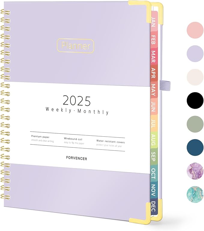 Forvencer 2025 Planner, Hardcover Weekly and Monthly Planner, January 2025 - December 2025, 6" x 8", Spiral Calendar Planner with Tabs, Exquisite Daily Organizer Notebook with Inner Pocket, Agenda Journal for Office Home School, A5 Size, Purple