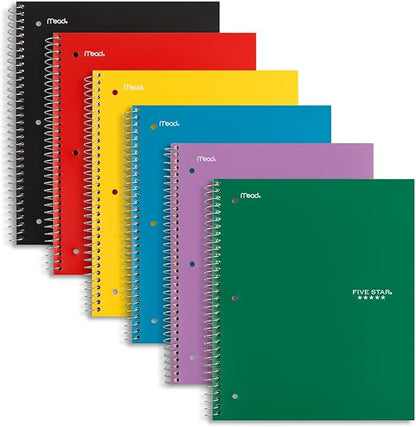 Five Star Spiral Notebook, 5 Subject, Wide Ruled Paper, Fights Ink Bleed, Water Resistant Cover, 8" x 10-1/2", 200 Sheets, Color Will Vary (05206)