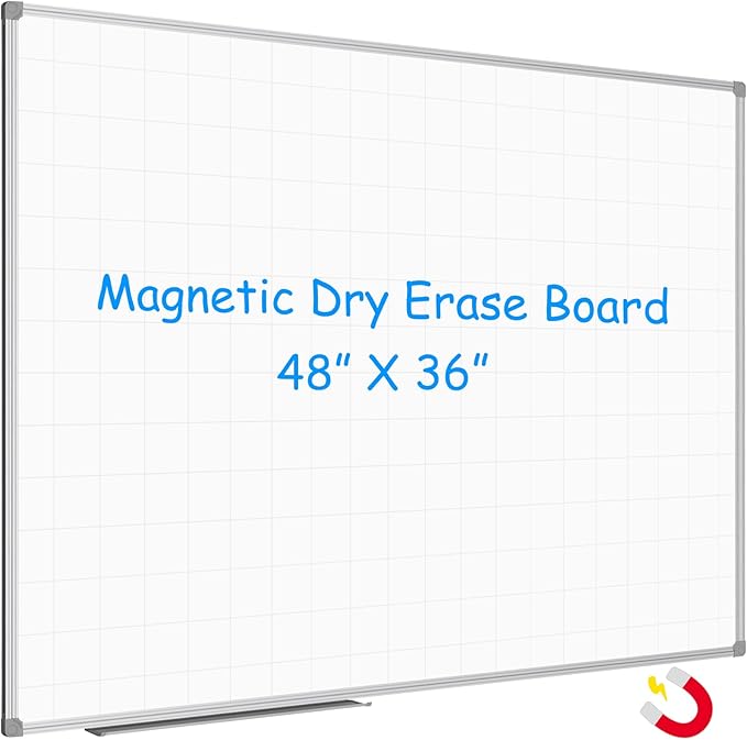 JILoffice Magnetic Dry Erase Planning Board, Grid Pattern White Board 48 x 36 Inch, Silver Aluminum Frame with Detachable Marker Tray for Office School and Home