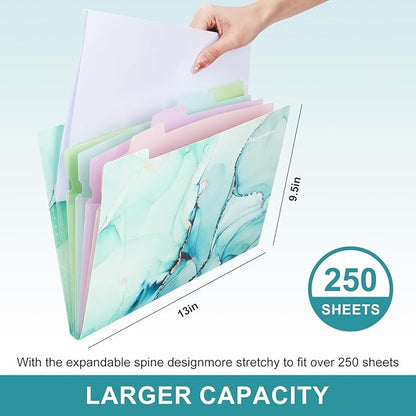 Ddaowanx Expanding File Folder, Letter A4 Size Accordion Plastic File Organizer, 5 Pocket Folders for Documents, Aesthetic Folder with Labels, Paper Organizer for School Office (Green Marble)
