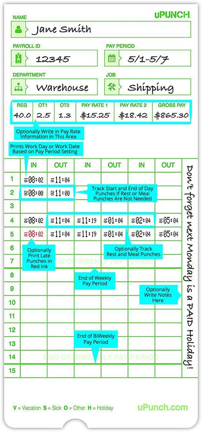 uPunch Time Clock Cards for Upunch Hn3000, Two Sides, 7.37 X 3.37, 50/Pack