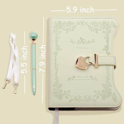 Diary with Lock and Keys for Girls Gift Ideas, 360 Gold Edged Pages Journal for Women, B6 Refillable Notebook for Writing with Pen and Bookmark (Garden Matcha)