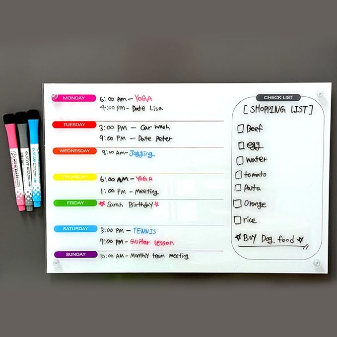 GEEKBEAR Dry Erase Refrigerator Calendar with 3 Markers - Attachable to Any Fridge with Special Suction Cups - Monthly and Weekly Designs, Acrylic - 15.7" x 10.6" (06. Rainbow, Weekly)