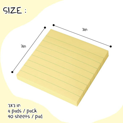 Lined Sticky Notes 3x3 Sticky Notes with Lines Self-Stick Notes Bright Color 4 Pads 90 Sheets/Pad (Yellow)