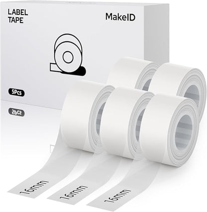 MakeID L1 E1 Q1 Label Maker Tape Refills, 5-Roll 16mm x 4m (0.63" x 13') Continuous Consumables Thermal Laminated Office Labeling Tape Replacement