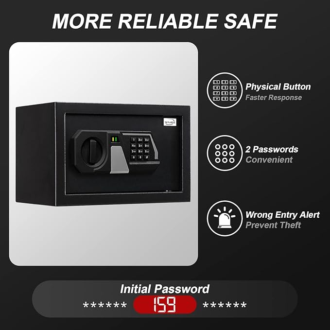 Tenamic Fireproof Safe Box 0.4 Cuft Electronic Digital Security Box, Keypad Small Lock Box Cabinet Safes with Internal Light, Solid Alloy Steel Office Hotel Home Mini Safe with 2 Passwords, Black