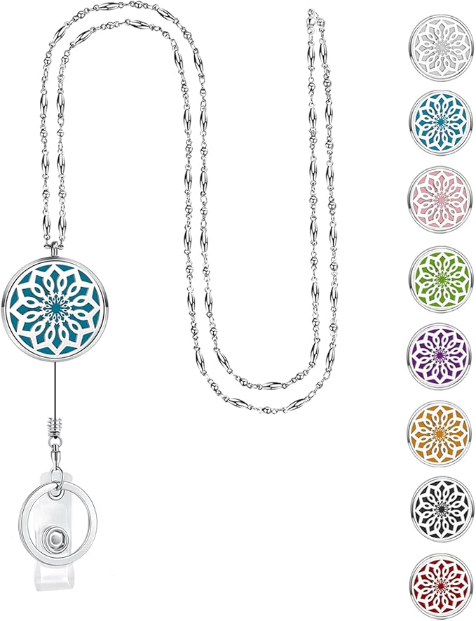 Retractable ID Badge Holder Retractable Lanyards for ID Badges Keys Women Teacher Lanyard Necklace Cute Nurse Badge Reel Diffuser Office Work Jewelry Silver Badge Lanyards for Women Flower