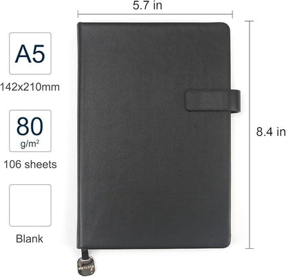 A5 Hard Cover Notebook with Pen Holder, Gold Edges & 180° Lay Flat - Large 5x8.25 Blank, Gift Box - Durable Journal for Office, Study, Travel - Writers, Students (Black)